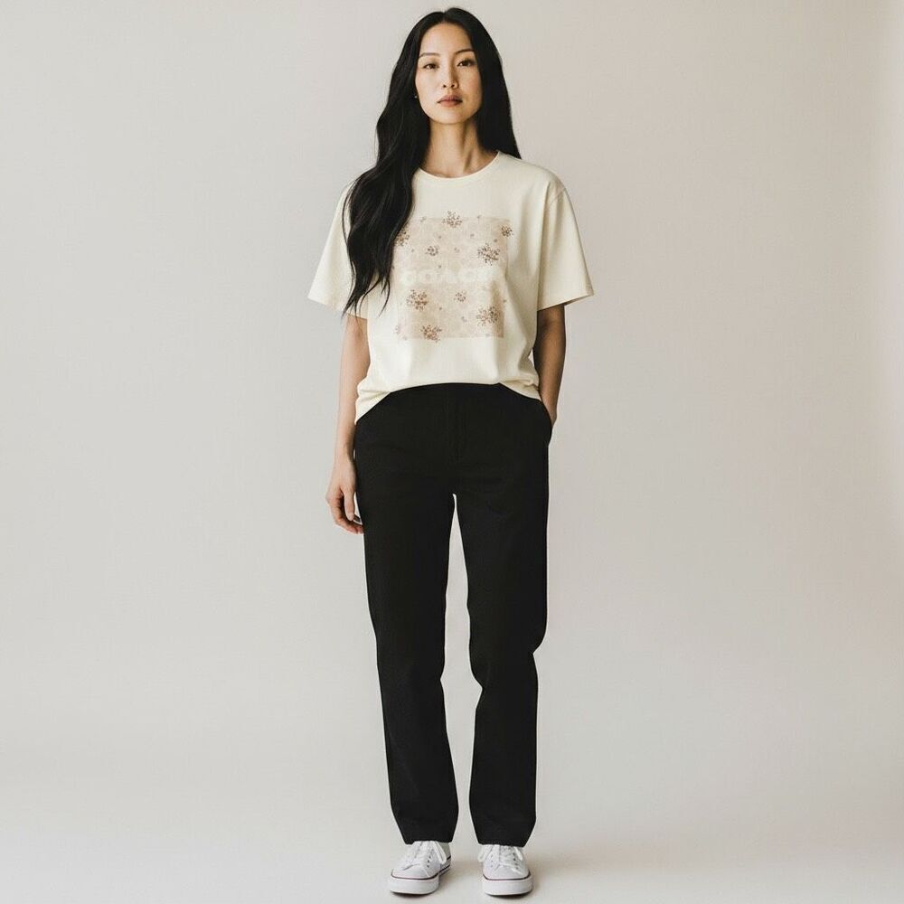 Coach Spring Blossom Signature Square T-Shirt Organic Cotton Ivory Sz Small NWT